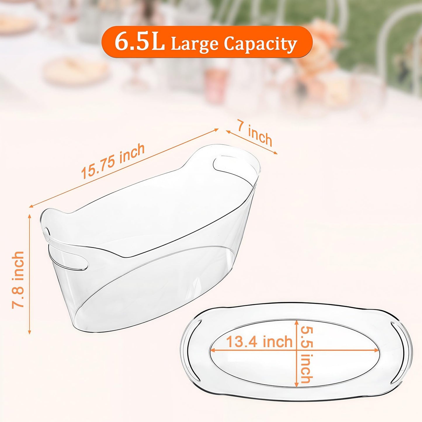 6.5L Ice Bucket 2 Pack Ice Buckets for Parties, Beverage Tub for Cocktail Bar with Handle, Drink Cooler for Wine Beer Champagne, Clear Ice Bucket with Scoop for Mimosa Bar Drink Chiller
