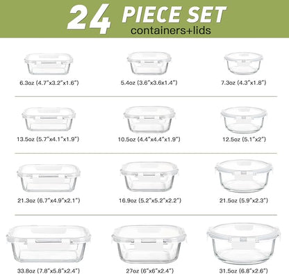 BAYZZ 24 Piece Glass Food Storage Containers with Lids, Airtight Glass Meal Prep Containers for Kitchen, BPA-Free Lunch Box, Microwave and Freezer Safe,White