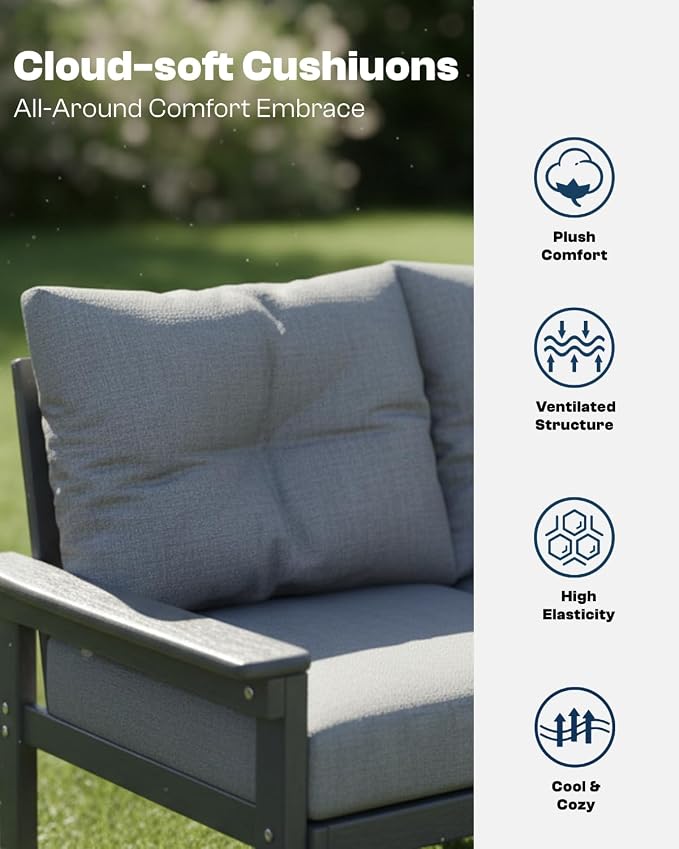 HDPE Outdoor Patio Furniture Set, 6-Piece Patio Conversation Sets with Coffee Table & Side Table & Grey Washable Thick Cushions, Outdoor Sofa for Balcony, Porch, Poolside (Grey Frame)