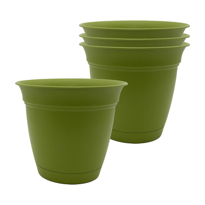 The HC Companies 8 Inch Eclipse Round Planter Pots with Drainage Holes & Attached Saucer, Lightweight UV-Resistant Plastic Indoor Outdoor Planters, 4-Pack Flower Pots for Garden & Home Decor, Peridot