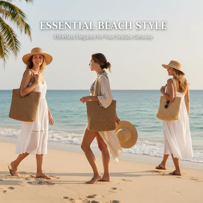 COZYOFFI Straw Beach Tote Bag: Large Summer Boho Woven Bags - Rattan Handmade Shoulder Handbags for Women(Brown)