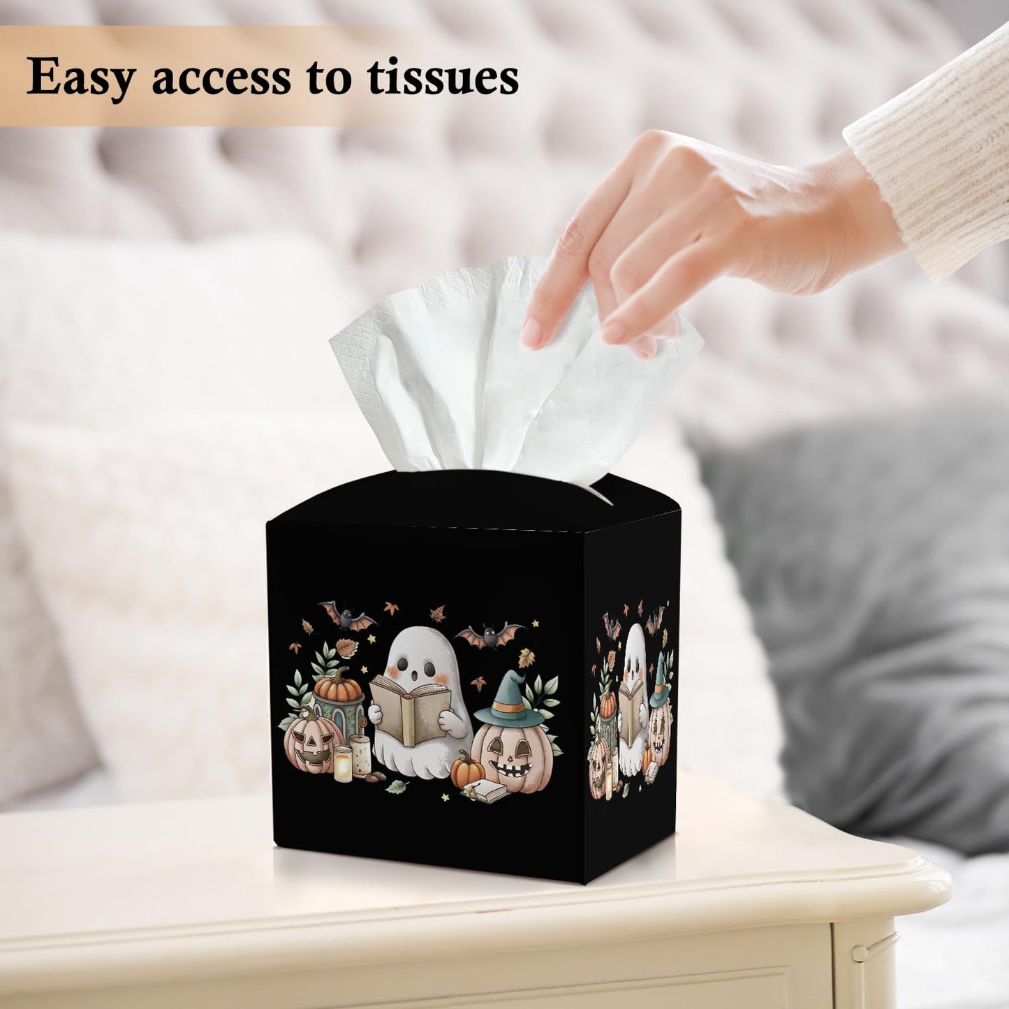 Ghost Pumpkin Tissue Box Covers Square, Leather Tissue Holders Decorative for Home Office Bathroom Organizer, Square Facial Paper Organizer Halloween Home Decor -005