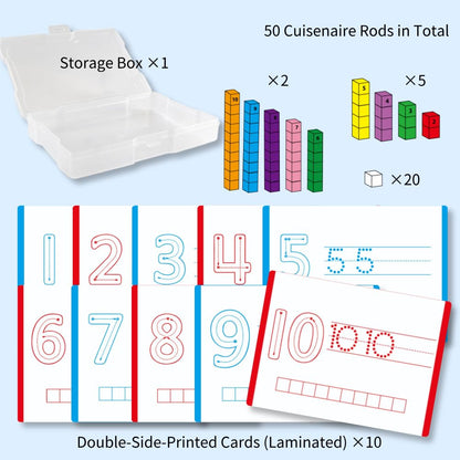 Math Task Boxes Set of 5 Math Manipulatives Themes 230+ Pieces of Number Rods, Base Ten Blocks, Ten Frame Disc Counters, Place Value Blocks, 0-9 Numbers, 3D Shapes, Activity Cards (Number Rods)