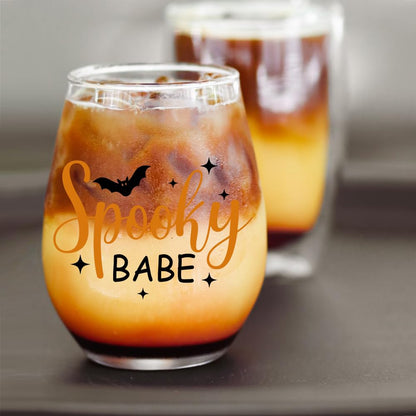 DYJYBMY Spooky Babe Halloween Stemless Wine Glass With Gifts Box, Funny Thanksgiving Halloween Gifts For Confidante Family Bestie Coworkers Men Women Friends, Clear Stemless Wine Tumbler For Couple