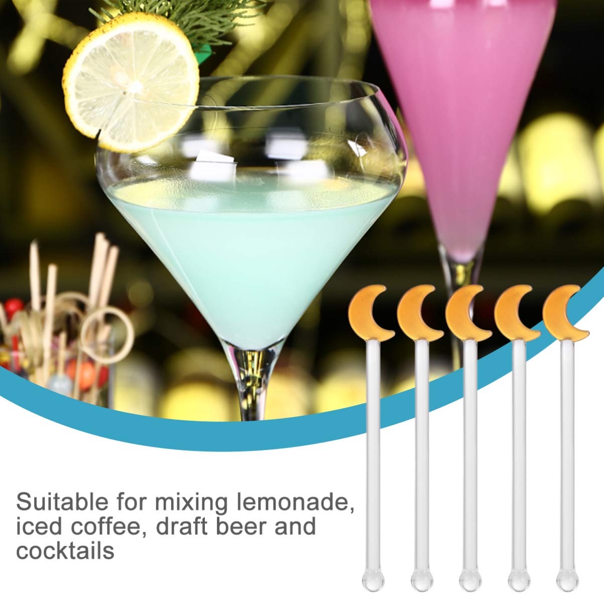 5PCS Glass Swizzle Sticks for Cocktails Drinks, Moon Swizzle Sticks for Drinks Coffee Cocktail for Restaurant Home Bar