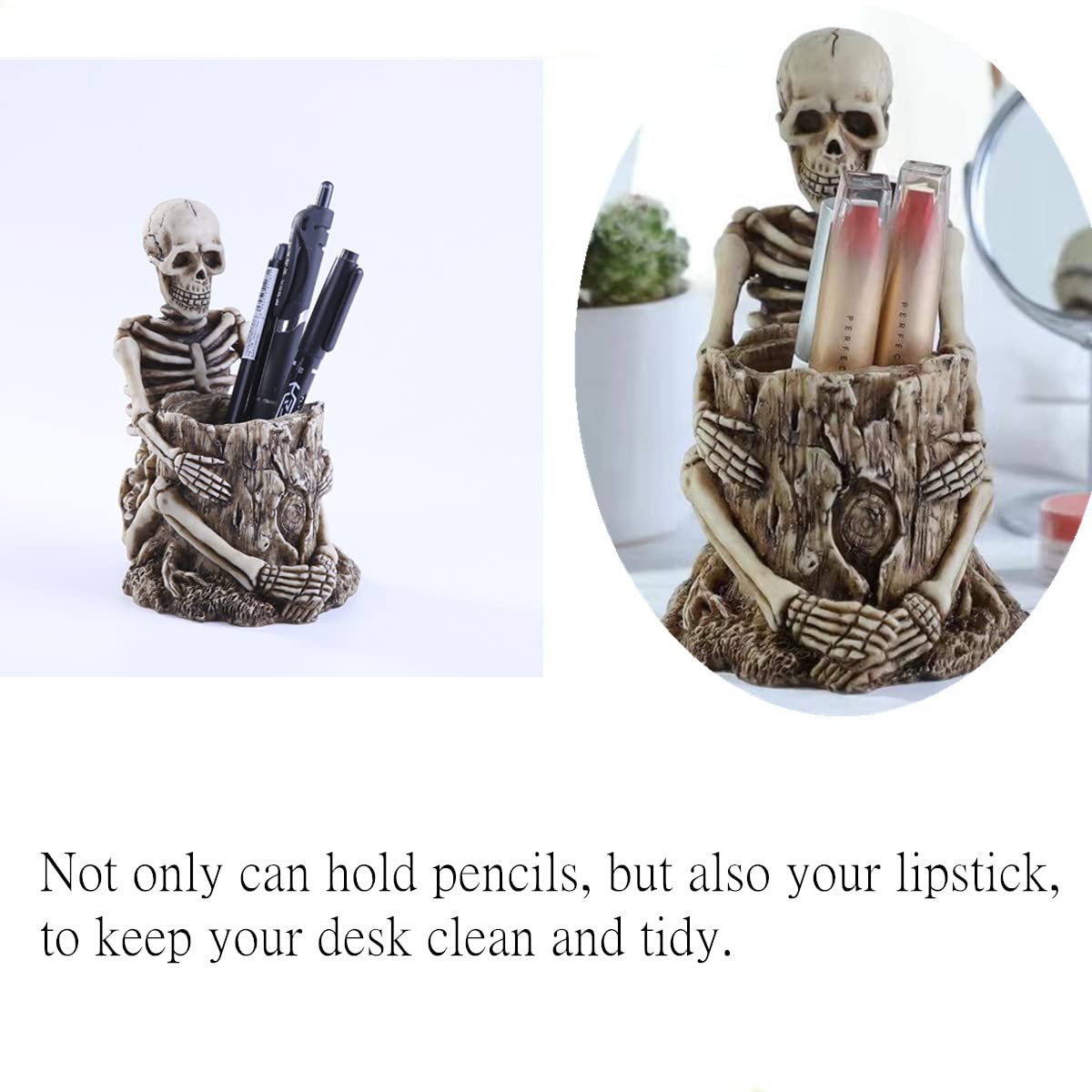 RUITASA Skull Pen Holder & Makeup Brush Holder - White, Desktop Small Skull Design for Halloween Home Office Desk Storage & Decoration