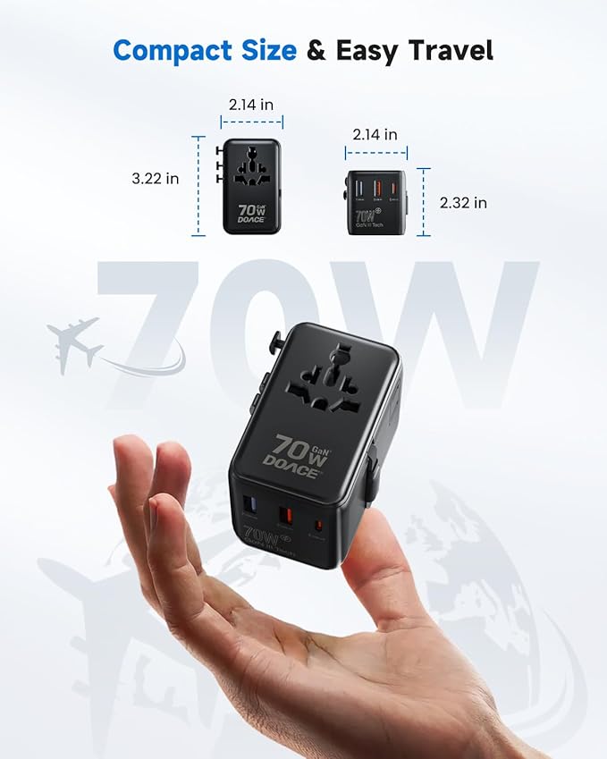 DOACE 70W Universal Travel Adapter, 6-in-1 International Plug with Built-in USB-C Cable, PD Fast Charging Worldwide Wall Charger for EU/UK/US/AU