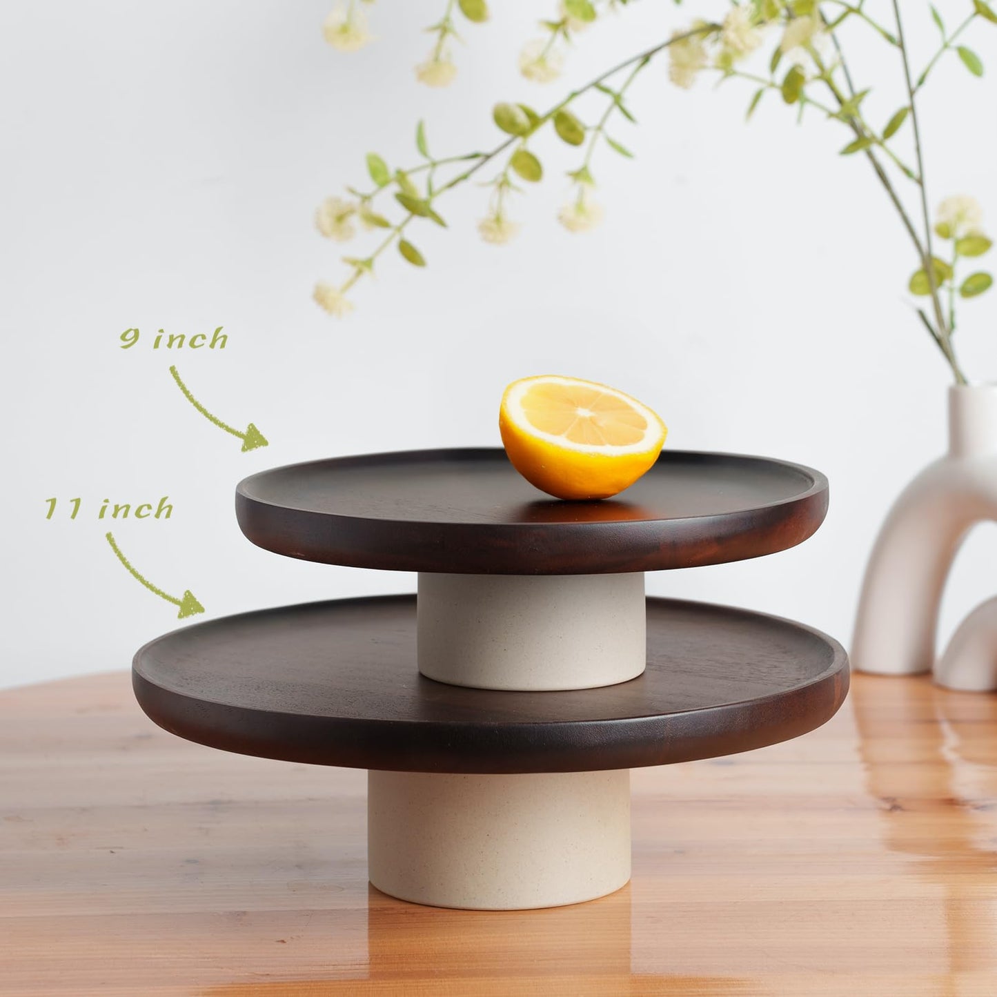 CEEFU 9 inch Rustic Acacia Wood Cake Stand - Natural Wooden Clay Wedding Cake Pedestal Serving Stand for Cupcake Dessert Bites Display in Party, Birthday, Beautiful Farmhouse Kitchen Decor