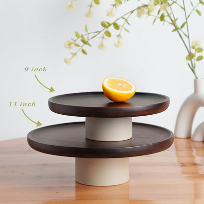 CEEFU 9 inch Rustic Acacia Wood Cake Stand - Natural Wooden Clay Wedding Cake Pedestal Serving Stand for Cupcake Dessert Bites Display in Party, Birthday, Beautiful Farmhouse Kitchen Decor