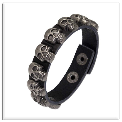 Xusamss Punk Rock Alloy Buckle Leather Wristband Skull Cuff Bracelet(Black Leather)