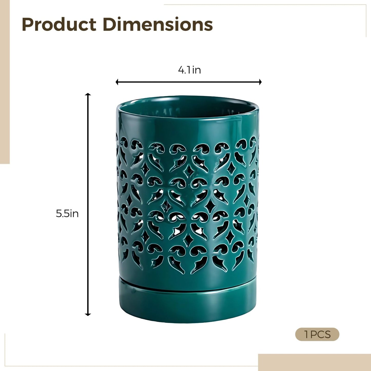 Toyosport Hollow Ceramic Decorative Pot, Green Floral Design, 5.5 x 4.1 in/14 x 10.5 cm, Multi-Purpose, Chopsticks Cage, Pen Holder, Indoor Outdoor Flower Pots