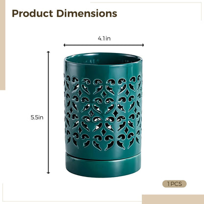Toyosport Hollow Ceramic Decorative Pot, Green Floral Design, 5.5 x 4.1 in/14 x 10.5 cm, Multi-Purpose, Chopsticks Cage, Pen Holder, Indoor Outdoor Flower Pots
