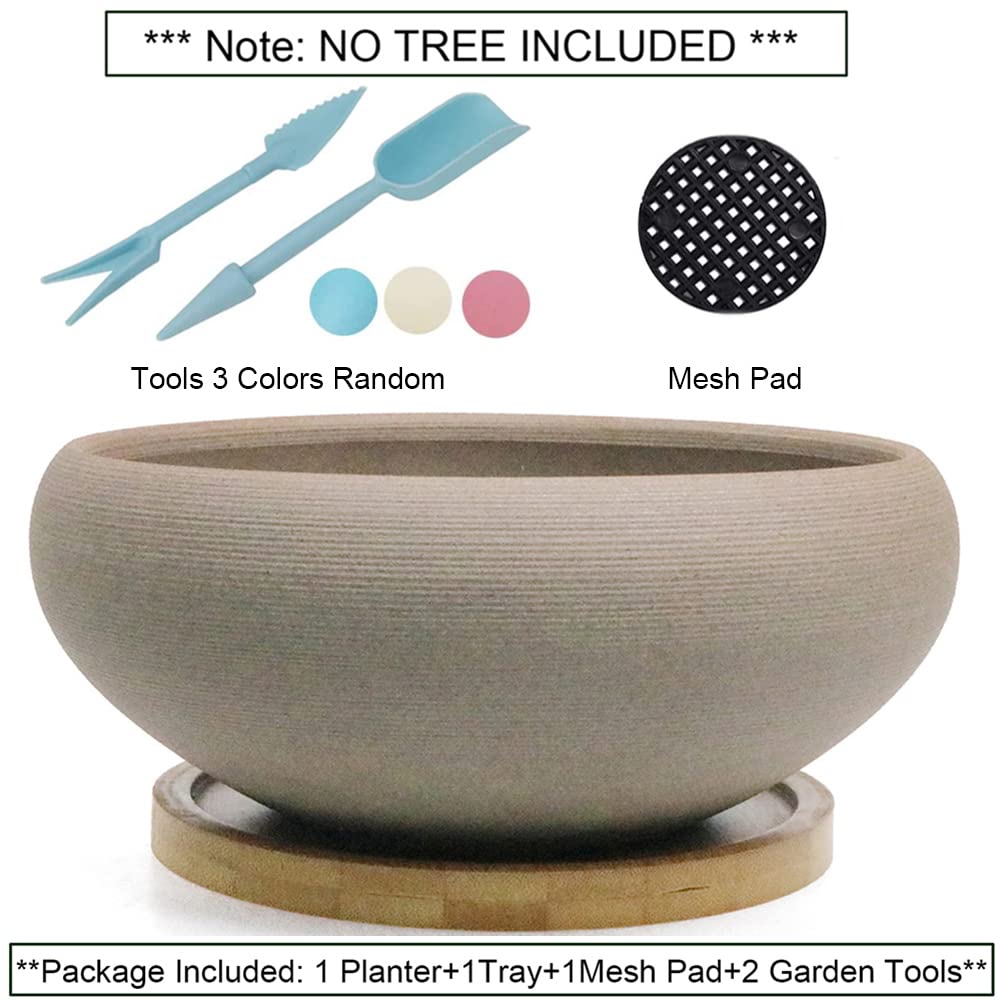 MUZHI Round Unglazed Ceramic Bonsai Pot with Bamboo Tray, Large Rough Pottery Succulent Planter with Drainage Hole 8 inch … (8”)