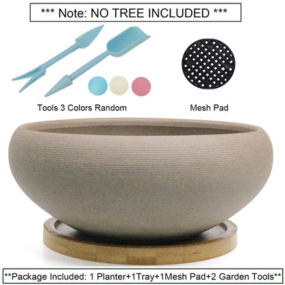 MUZHI Round Unglazed Ceramic Bonsai Pot with Bamboo Tray, Large Rough Pottery Succulent Planter with Drainage Hole 8 inch … (8”)