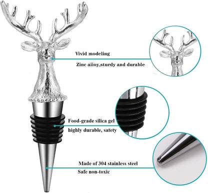 Reindeer Pourer and Deer Head Wine Corks, Bar and Household Wine Corks, Animal Wine Pourer (Silver)