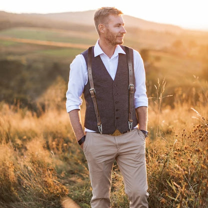 Ringsun Genuine Leather Suspenders for Men, Y Design Hidden Suspenders Under Clothes with 3 Snap Loop, Adjustable Accessories for Men Wedding & Party Essentials, Dark Brown