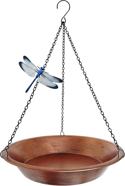 Hanging Bird Bath for Outdoor, Antique Copper Metal Bird Feeder Birdbath Bowl with 17” Rust-Proof Black Chains for Garden Backyard Decor