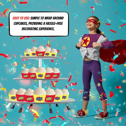 Andaz Press Birthday Cupcake Wrappers, Superhero Pow Bam, 20-Pack, Decor Decorations Wraps Cupcake Muffin Paper Holders Superhero Cupcake Wrappers