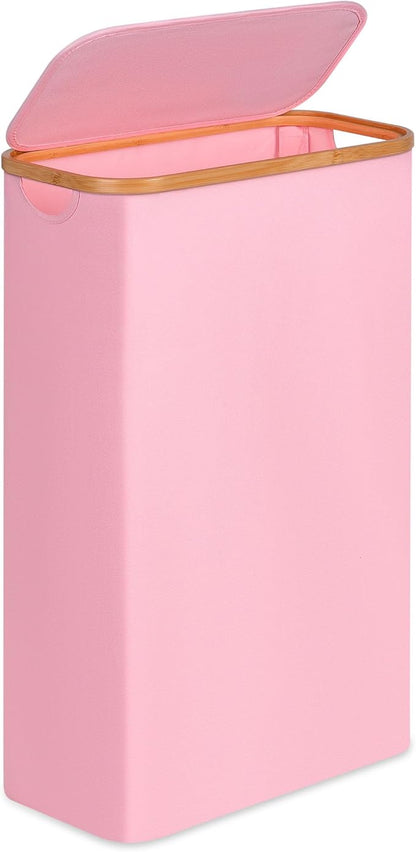 Slim Laundry Basket,60L Laundry Hamper with Lid, Tall Hamper for Laundry,Dirty Cloth Hamper with Bamboo Handle for Toys,Towels, Clothes Organizing,Pink