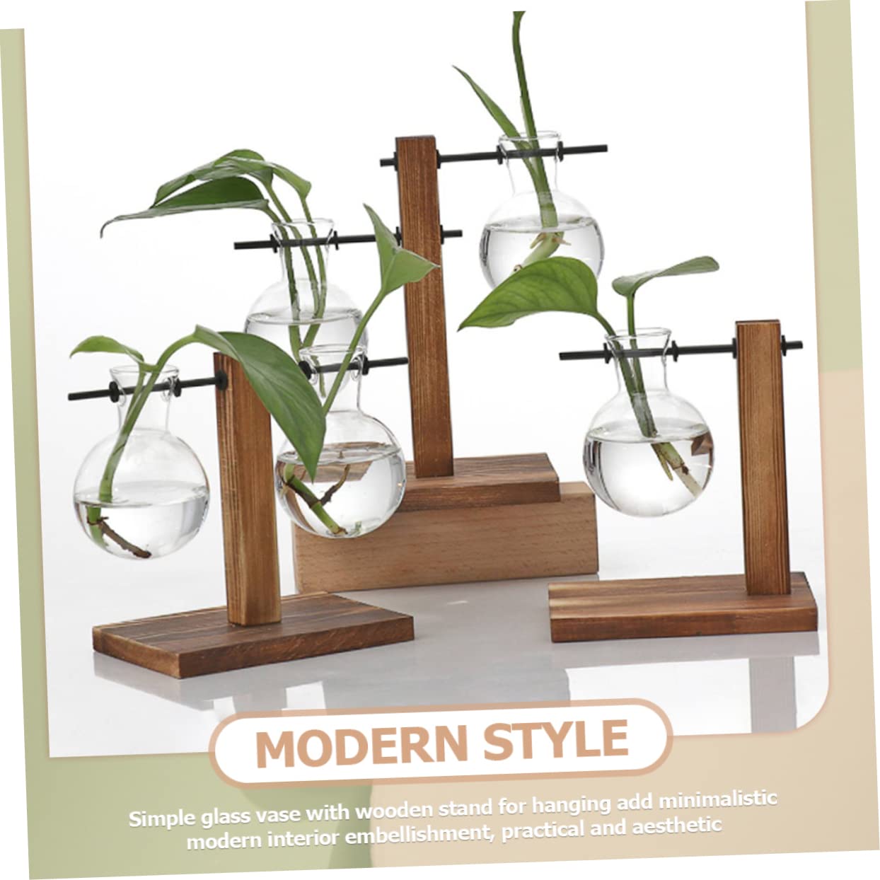 IWOWHERO 2pcs Elegant Hydroponic Plant Terrarium Stand Glass Vase Wooden Base Easy to Assemble for Home Office Decor