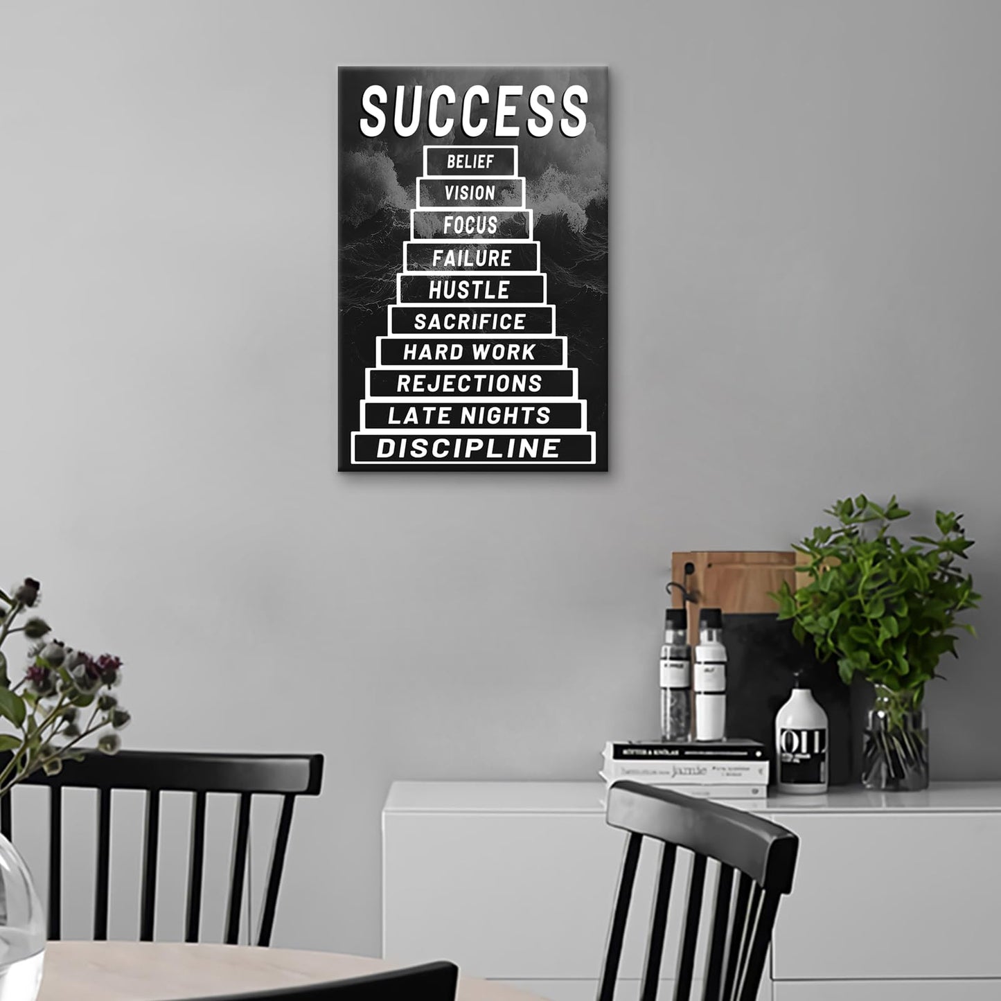 PSYYSP Success Ladder Motivational Wall Art Office Decor Framed Success Quote Canvas Print Inspirational Poster for Entrepreneurs Students Study Room Modern Home Gym Artwork 18x12 Inch