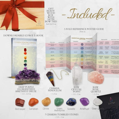 Crystals and Healing Stones Premium Kit Wooden Box - Chakra Stones Healing Crystals Set, Rose Quartz, Amethyst Cluster, Quartz Points, Chakra Pendulum (A Essential Chakra Collection)