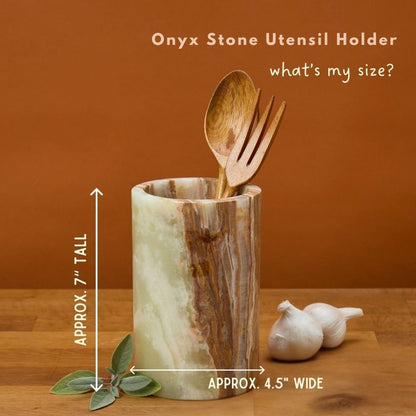 Stone Utensil Holder for Kitchen Countertop, Onyx Marble Stone, 7 Inch Tall