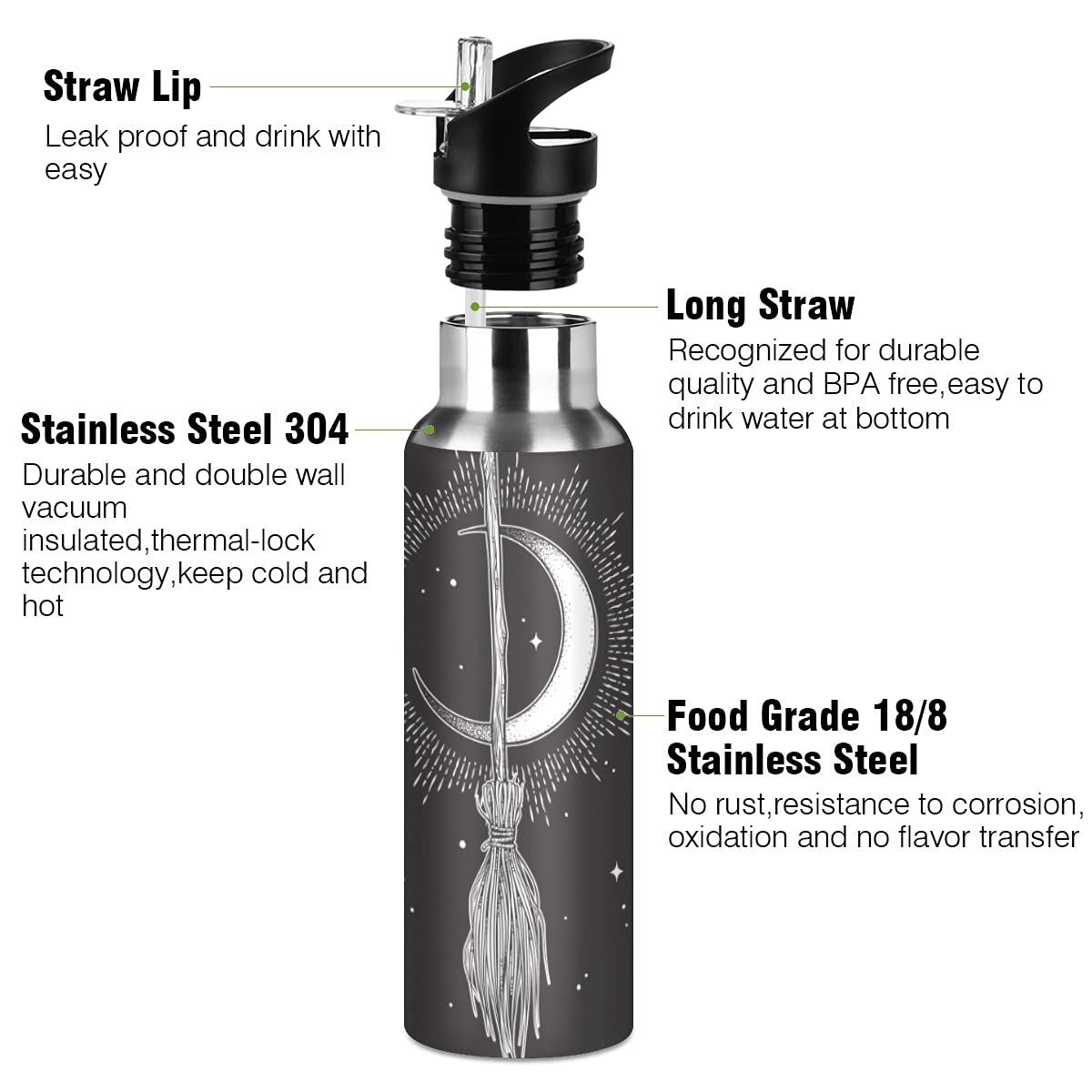 Yasala Halloween Sport Water Bottle Witch Moon Broom Stainless Steel Insulated Coffee Cup 20 oz with Straw Lid, Festive Holiday Present