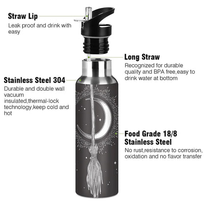 Yasala Halloween Sport Water Bottle Witch Moon Broom Stainless Steel Insulated Coffee Cup 20 oz with Straw Lid, Festive Holiday Present