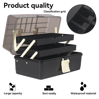 WEWLINE 13-Inch Art Storage Box 3-Layers Plastic Storage Box with Handle Craft Art Bin Portable for Home School Office Travel, Black