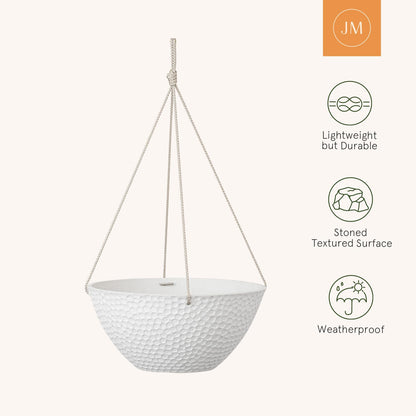 LA JOLIE MUSE Hanging Planters for Outdoor Plants, Large Hanging Planter with Drain Holes, Outdoor Hanging Flower Pots, White Stone, Honeycomb (13.2 Inch, Set of 2)