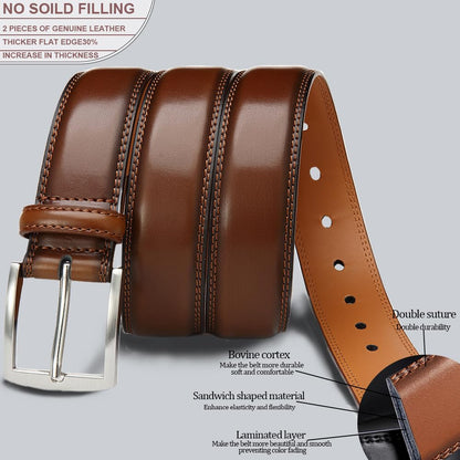 DOOPAI Men's Genuine Leather Dress Belt 2Pack - Handmade Classic Casual and Business Belt, 100% Cow Leather Prong Buckle,