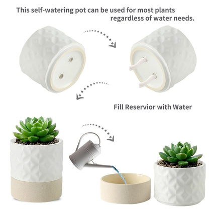 Nihow Self Watering Plant Pot: 4.5 Inch Ceramic Planter with Drainage Hole & Water Storage Plus for Indoor & Outdoor Plants - Cylinder Flower Pot for Herbs/Violets - Matte White & Brown Star