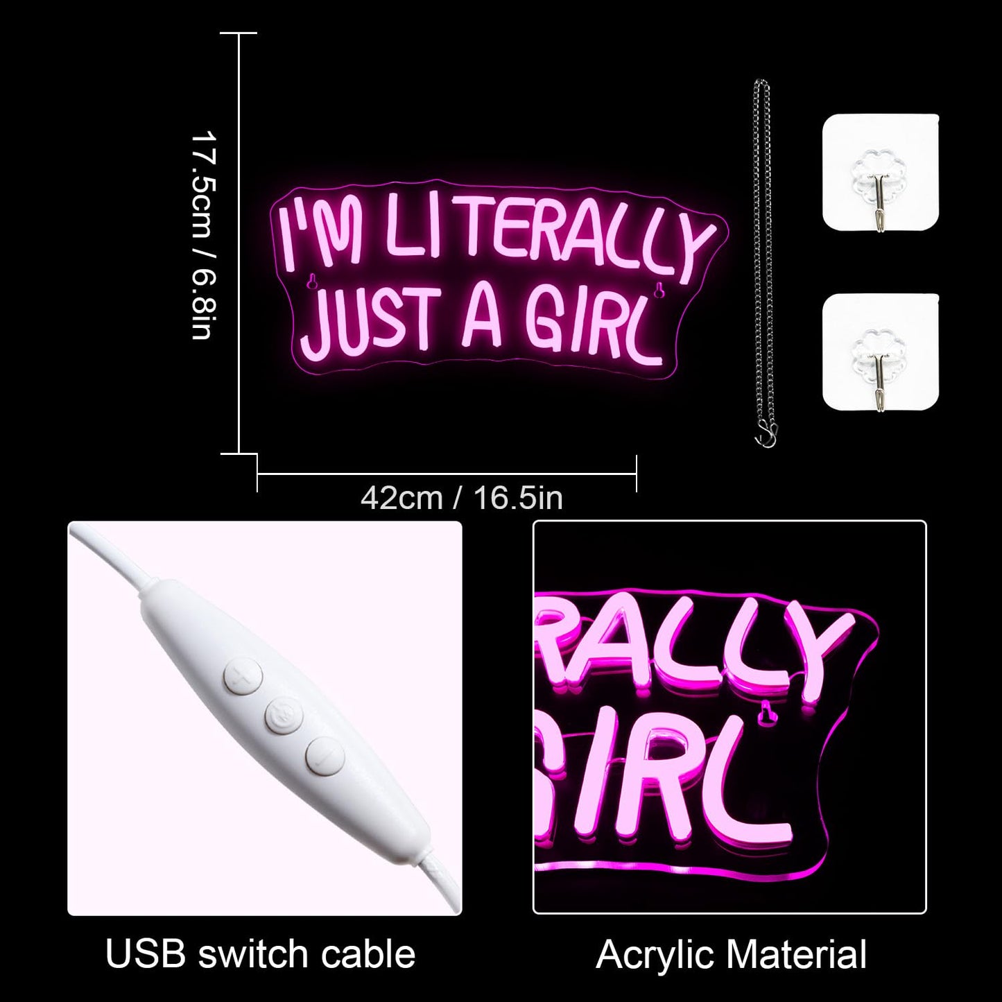 Lucunstar I'M Literally Just A Girl Neon Sign,Pink Led Sign,Led Neon Light for Wall Decor,Light Up Sign for Bedroom,Dimmable Switch USB Connectivity Neon Signs for Girlsroom Decor,Party Light
