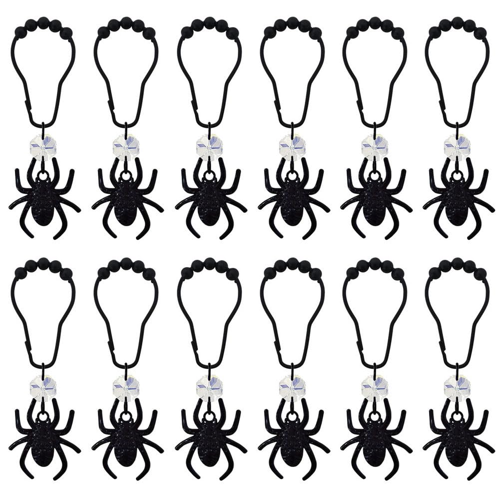 Black Spider Shower Curtain Hooks for Decorative Spiderman Bathroom Set，Stainless Steel Rustproof Shower Hooks, Halloween Boy Spiderman Theme Element Decor 12PCS (Black)