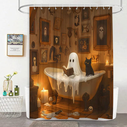 JEJOMEAG Funny Ghost Cat Shower Curtain Cute Halloween Scary Spooky Fun Orange Gothic Fabric Bathroom Decor Curtain with Hooks, 70Wx70H