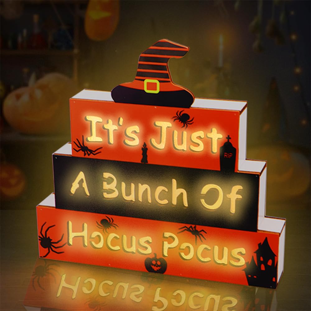 GOSUOA Halloween Wooden Block Sign with Led Lights Letters,Halloween Decorations Indoor,Halloween table decor,Battery Operated Halloween Party Decorations for Mantels, Tiered Trays, Shelves
