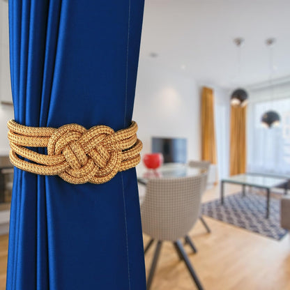 HedongHexi 2 Pack Magnetic Curtain Tiebacks, Hand Weave Rope Knot Decorative Curtain Holdbacks for Home & Office Thin Window Drapery (Golden,2P)