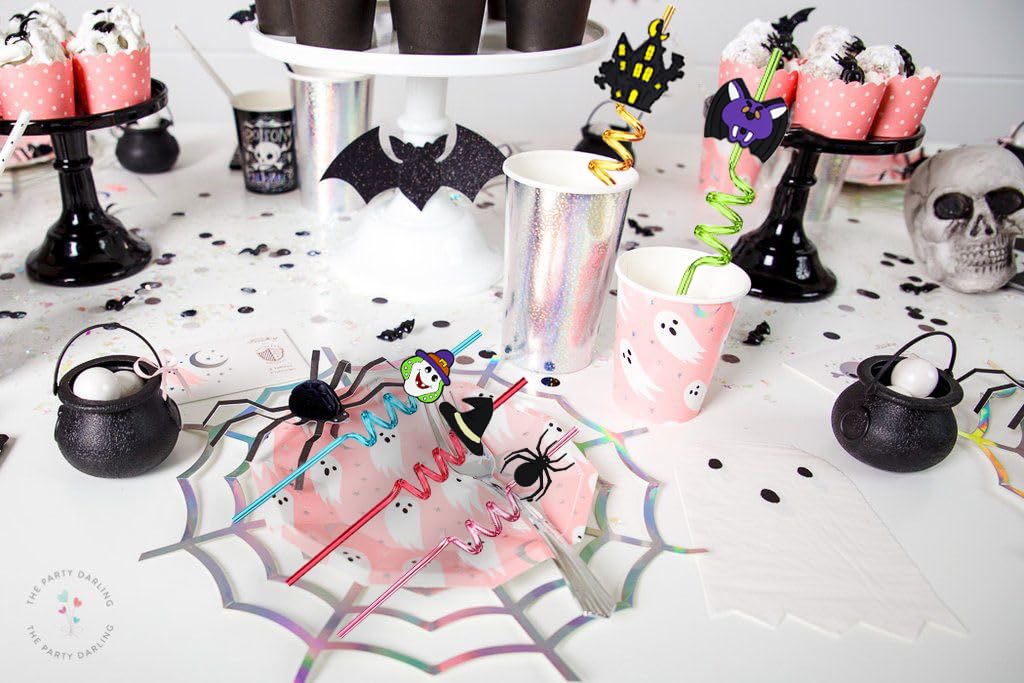 MEAXUR 24pcs Halloween Party Favors Bat Pumpkin Ghost Cat Witch Spider Ghost Pattern Reusable Straws Party Gift Halloween Party Supplies with 2 Cleaning Brushes 8 Color.