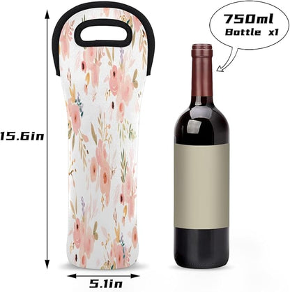 Rose Flower Floral Wine Bag Single Bottle Wine Tote Bag Neoprene Wine Carrier Bags with Carry Handle Portable Wine Bottle Holder for Travel Party Picnic