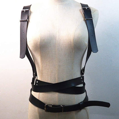 Pinwe Leather Body Chest Straps Punk Harness Caged Waist Belt Gothic Body Chain Strappy Adjustable for Women(PW003)