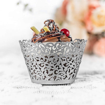 GOLF 100Pcs Cupcake Wrappers Artistic Bake Cake Paper Filigree Little Vine Lace Laser Cut Liner Baking Cup Wraps Muffin CaseTrays for Wedding Party Birthday Decoration (Silver)