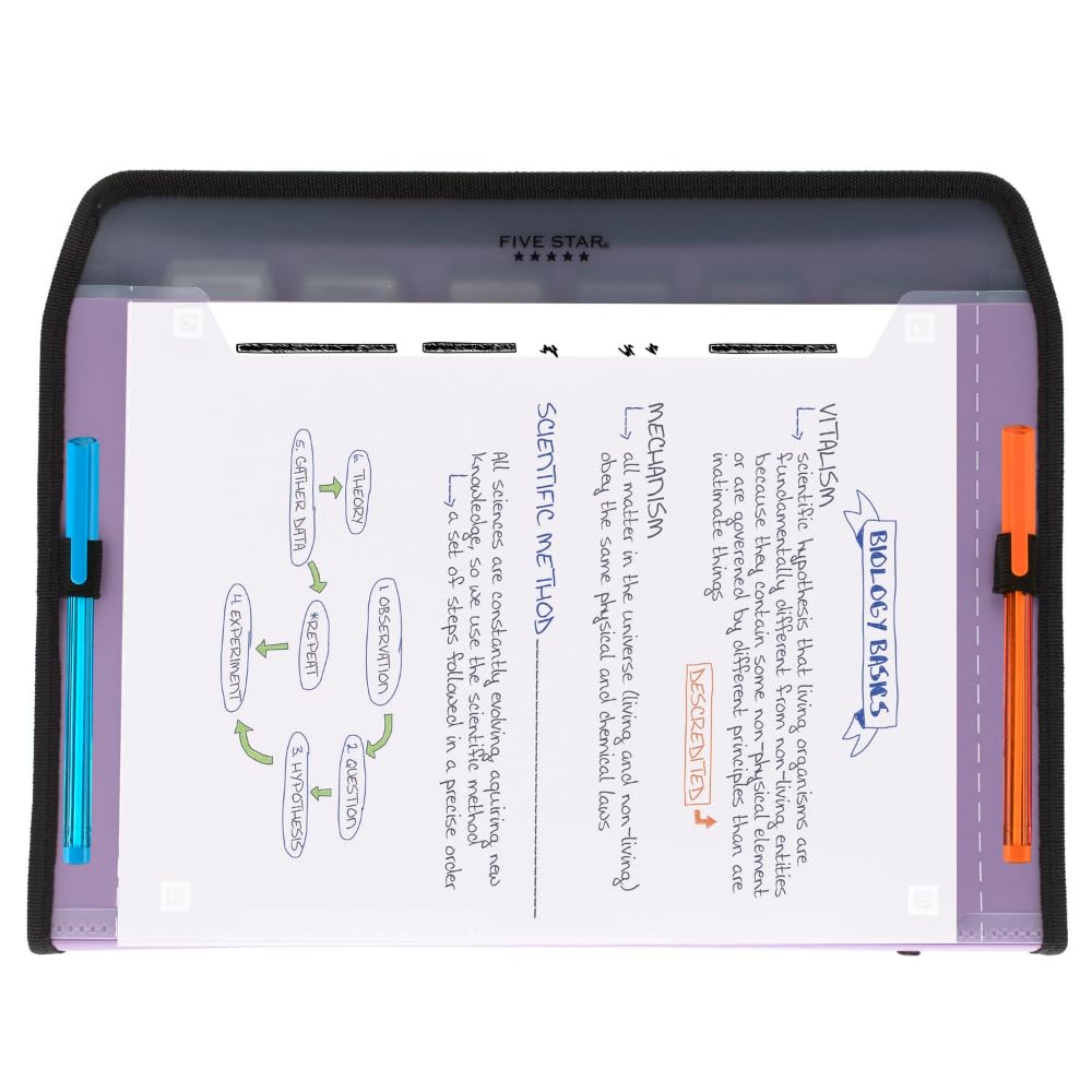 Five Star 7 Pocket Expanding File Organizer + Study App, Plastic Expandable File Folders with Customizable Tabs & Clear Cover, Holds 8-1/2" x 11", Zipper Closure, Amethyst Purple (351700G)