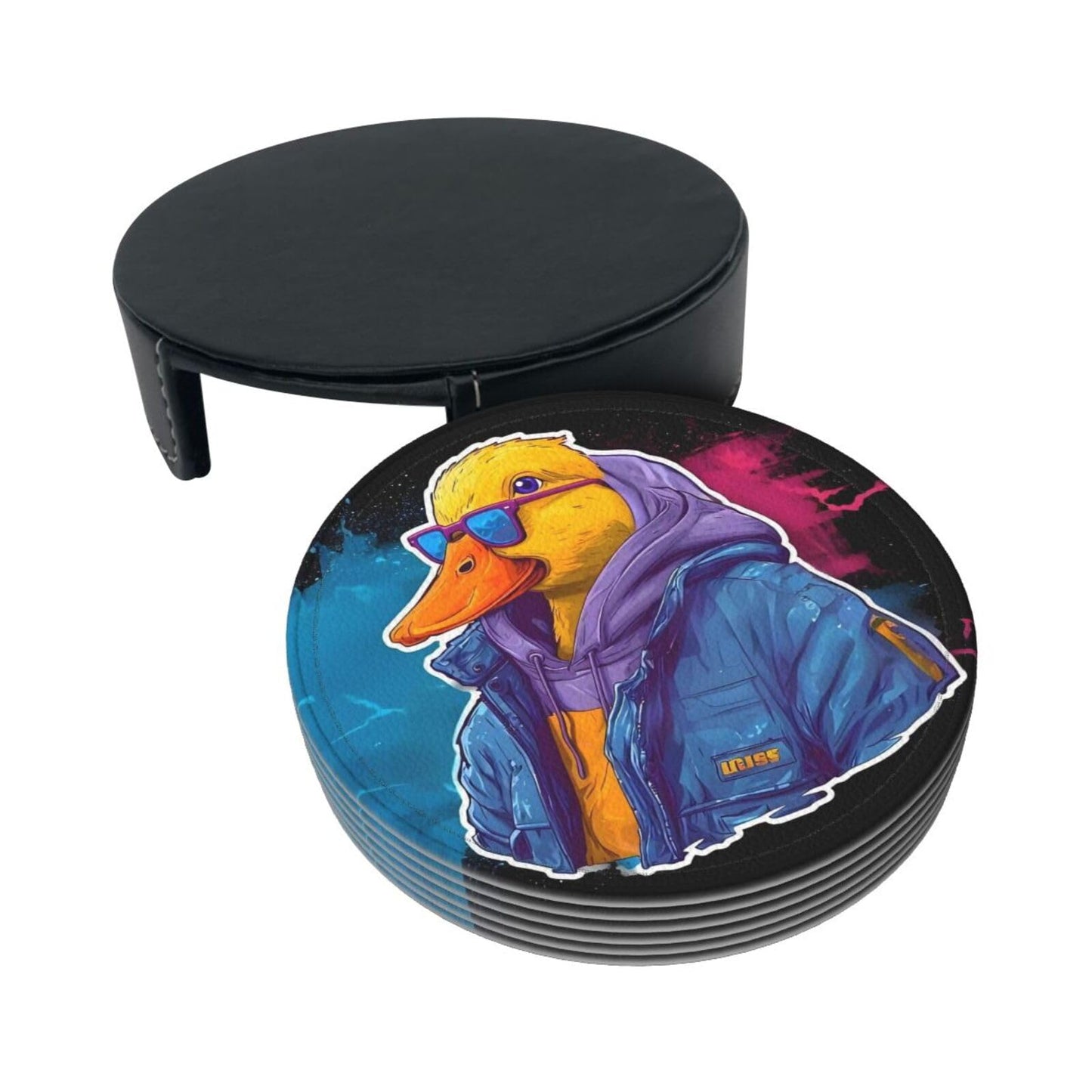 BOXIMIAO Drink Coasters with Holder Stand Set of 6, Cute Cyberpunk Duck Pu Leather Absorbent Coasters with Cork Base Table Coaster Round Coasters for Housewarming Apartment Kitchen Bar Decor