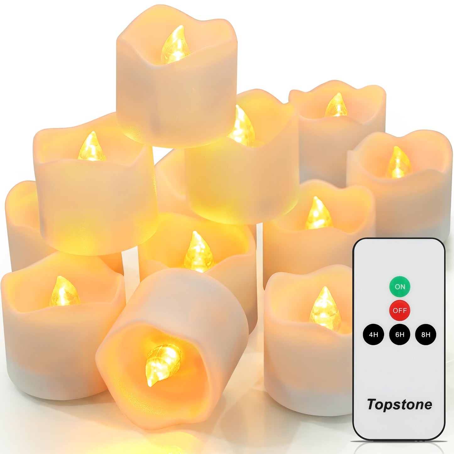 Topstone Flameless Candles with Remote Control, Battery-Operated LED Electronic Candles, 400+ Hours with CR2450 Battery, Yellow Glow, Flickering Realistic Fake Candles for Home Decor, Wedding, Party