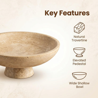 Natural Travertine Fruit Bowl for Kitchen Counter11.8",Large Decorative Bowl & Travertine Bowl Pedestalfor Kitchen Counter & Dining Table ,For Entryway, KitchenFruit Bowl, Dining Table Centerpiece.