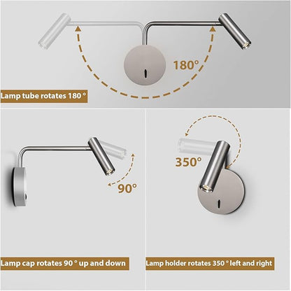ZEROUNO Wall Mounted Reading Light Swing Arm Bedside Lamps for Bedroom Hardwired Sconces with Switch LED Mounted for Home Decor Wall Lighting Fixtures Indoor (Silver)