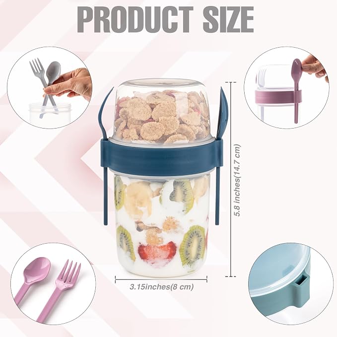 4 Pack On The Go 22 oz Breakfast Cups with Lids and Spoon, Reusable Cereal Yogurt Cup with Topping Plastic Overnight Oats Container for Granola Oatmeal (22 oz - Turquoise- 4 Pack)