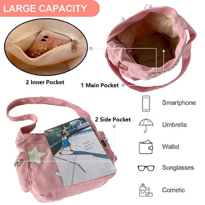 KAMEILONG Star Crossbody Bag Women Corduroy Tote Bag Aesthetic Messenger Bag Cute Shoulder Bag Y2K Hobo Bag (Pink)