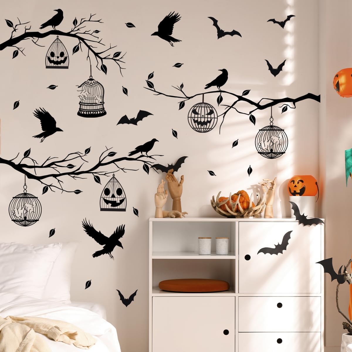Halloween Wall Decals Black Tree Branches Bat Wall Stickers Large Removable Halloween Wall Clings Decor DIY Art for Home Wall Window Door